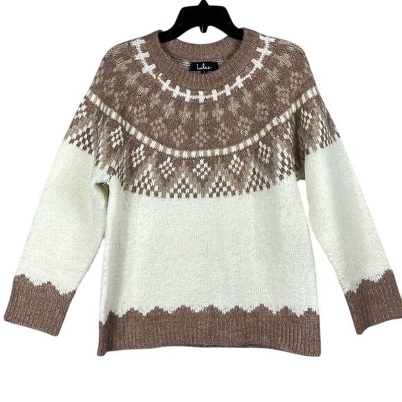 Lulus‎ Womens Fair isle Long Sleeve Crewneck Sweater Size Small Ivory Taupe - Picture 1 of 7